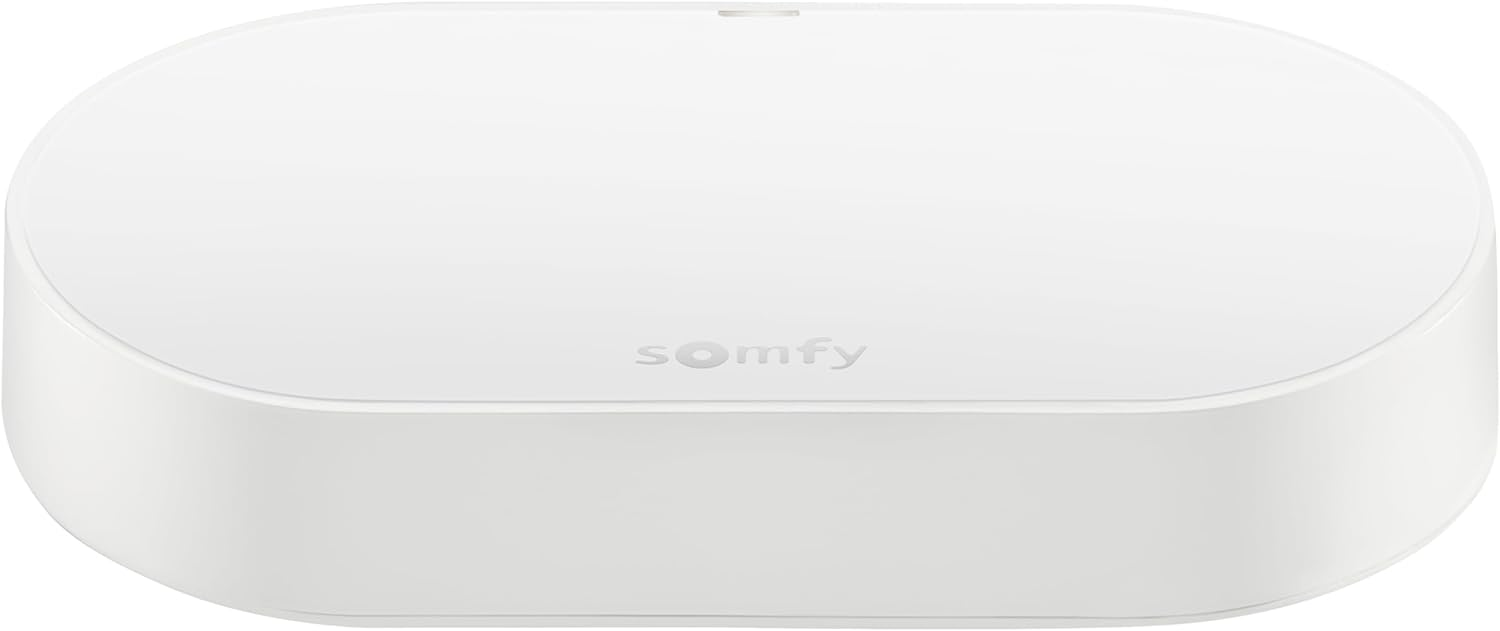 Ein weißes Somfy-Gerät mit abgerundeten Ecken und einem glatten Finish.