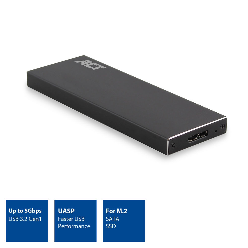 Box esterno nero per SSD M.2 SATA con logo ACT e porta USB-C.