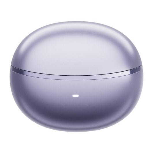 Una custodia di ricarica viola per auricolari wireless con una piccola spia bianca.