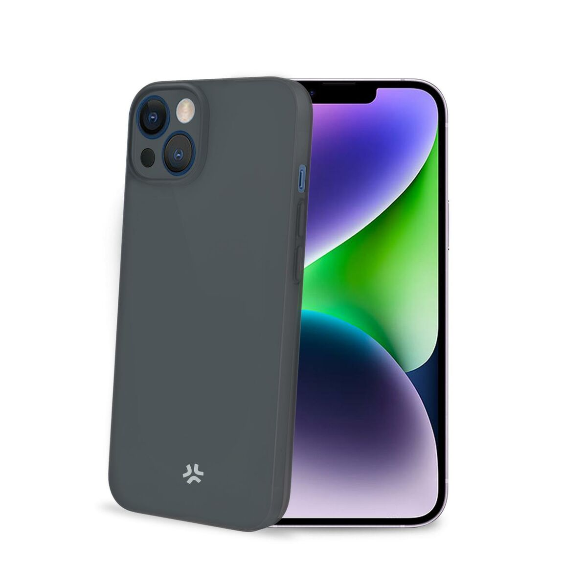 Custodia grigio scuro accanto a uno smartphone con sfondo colorato.