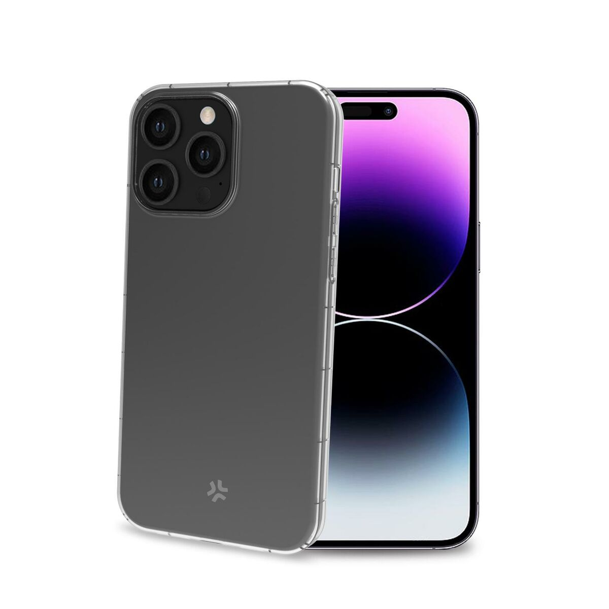 Una cover scura e trasparente per telefono su uno smartphone con sfondo viola.