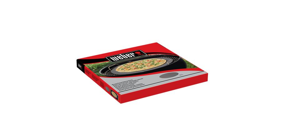 Weber pizza taşı ambalajı, üzerinde basılı pizza ile, beyaz arka plana karşı.