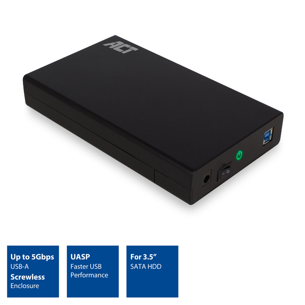 Box esterno per hard disk nero con porta USB e interruttore.