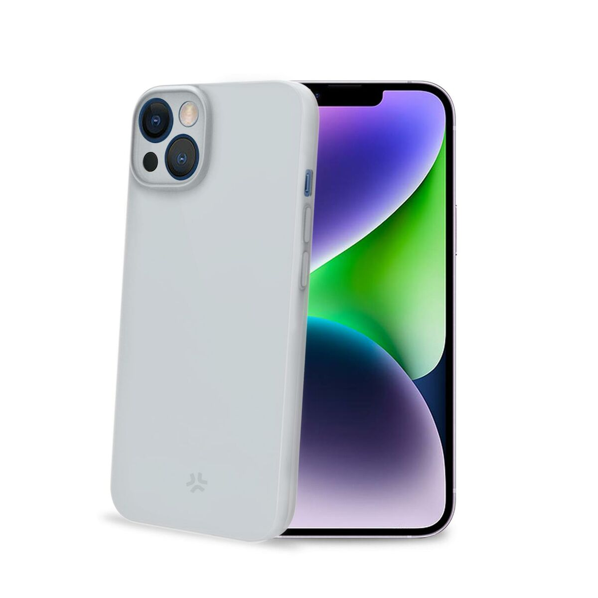 Una cover grigio chiaro copre parzialmente uno smartphone con sfondo astratto colorato.