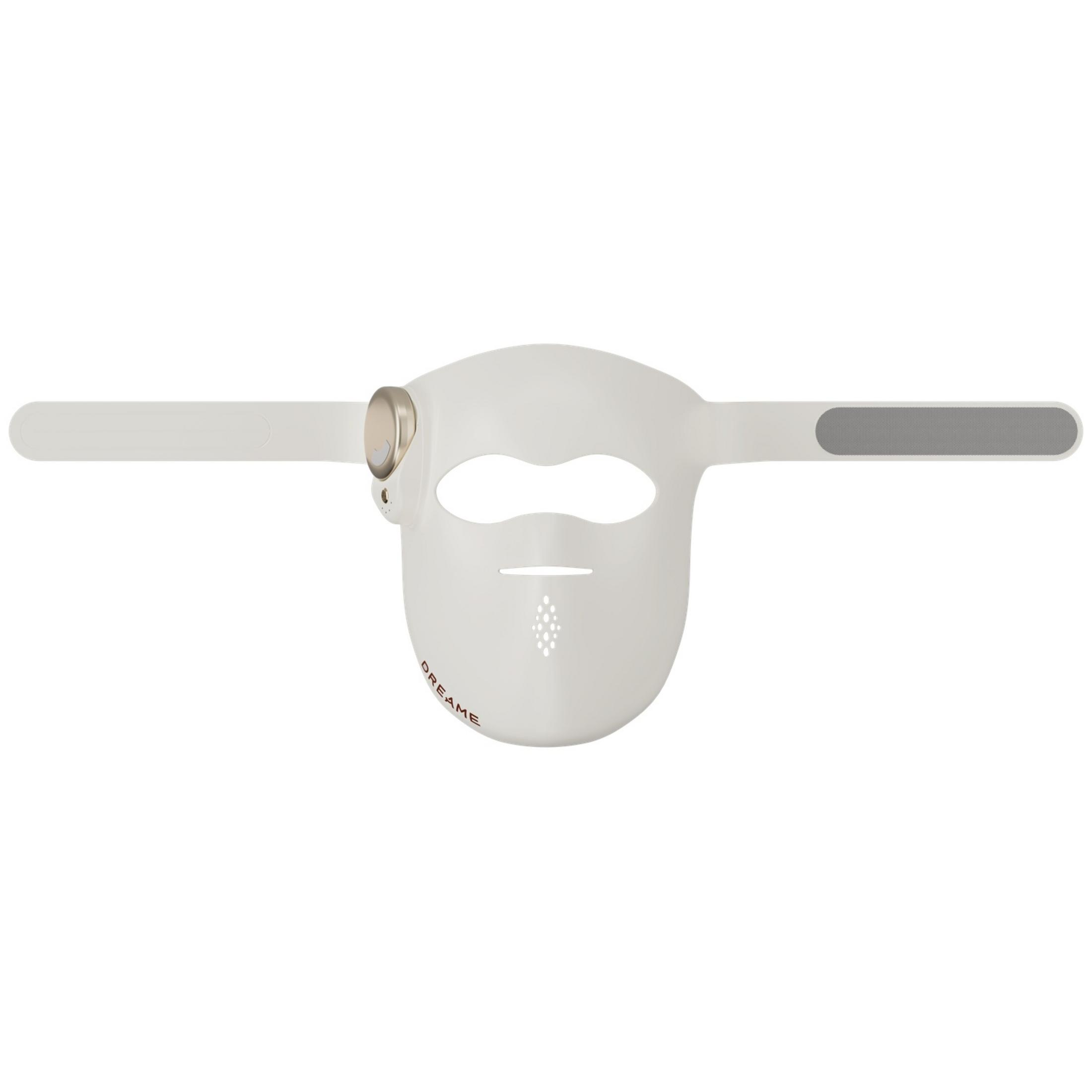 Máscara facial blanca con aberturas para ojos y boca y alas laterales.