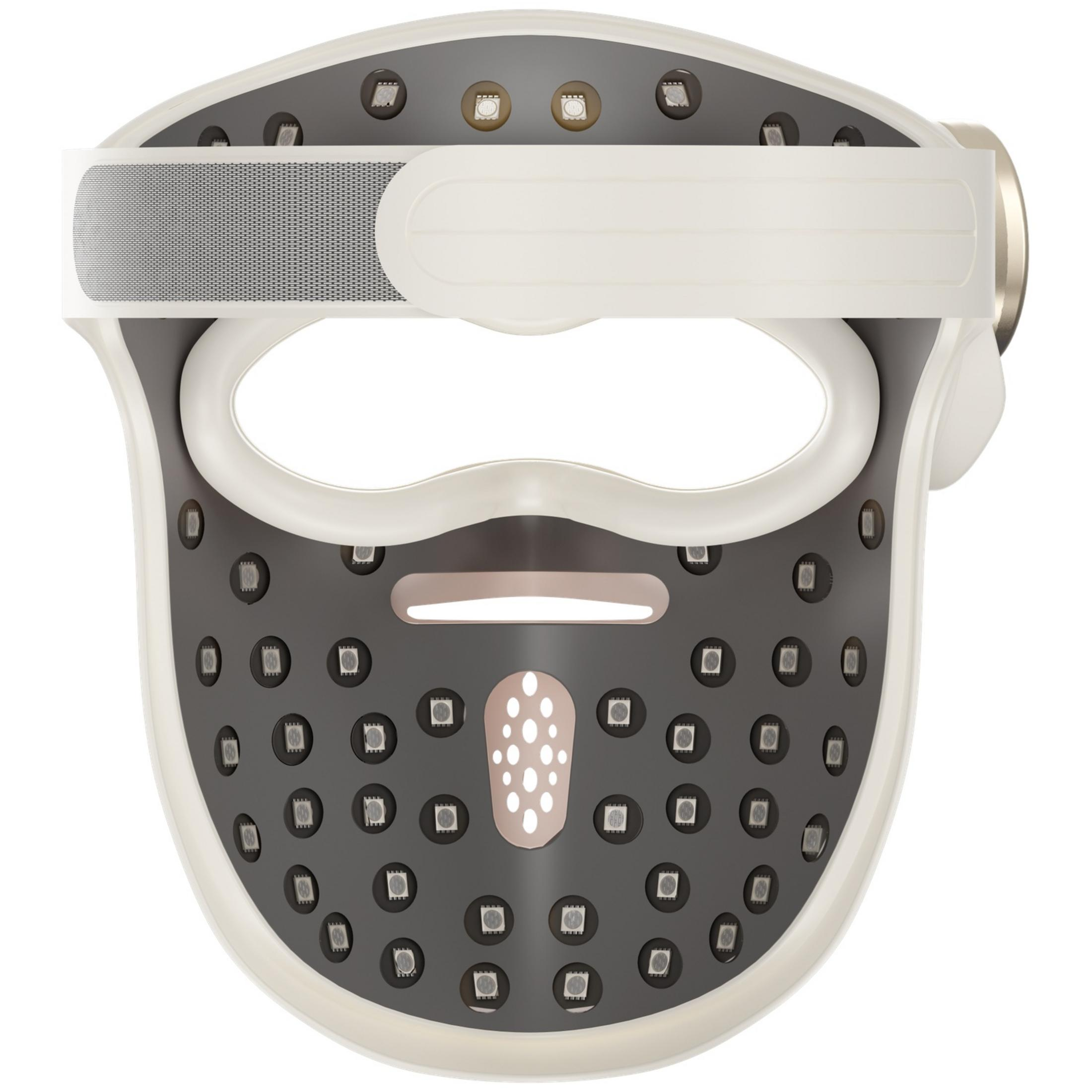 Máscara facial LED blanca con detalles oscuros y correa ajustable.
