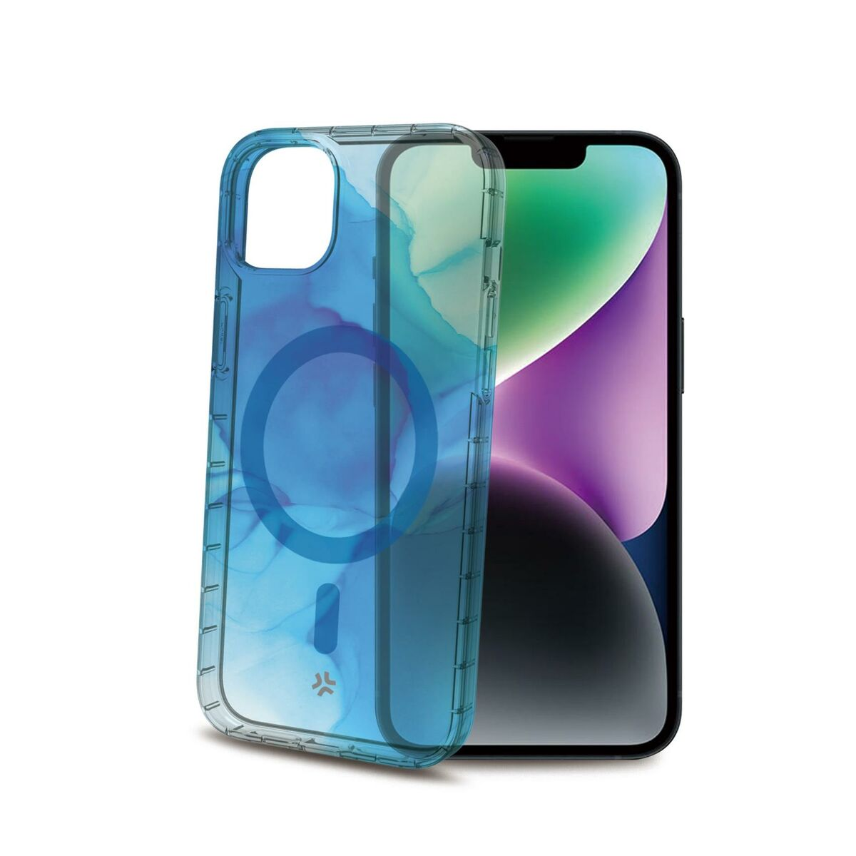 Custodia trasparente blu a vortice per iPhone accanto a un iPhone.