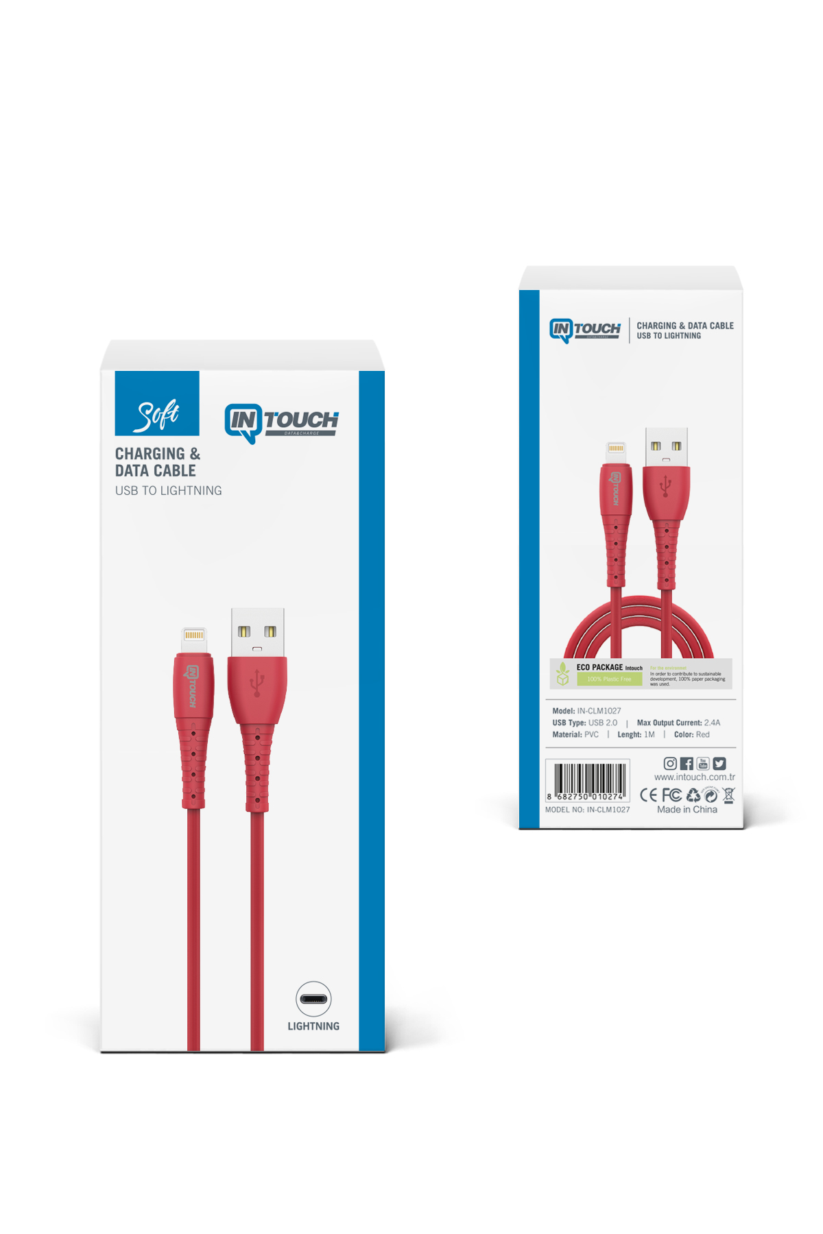 Beyaz arka planda kırmızı IN TOUCH USB - Lightning şarj kablosu.