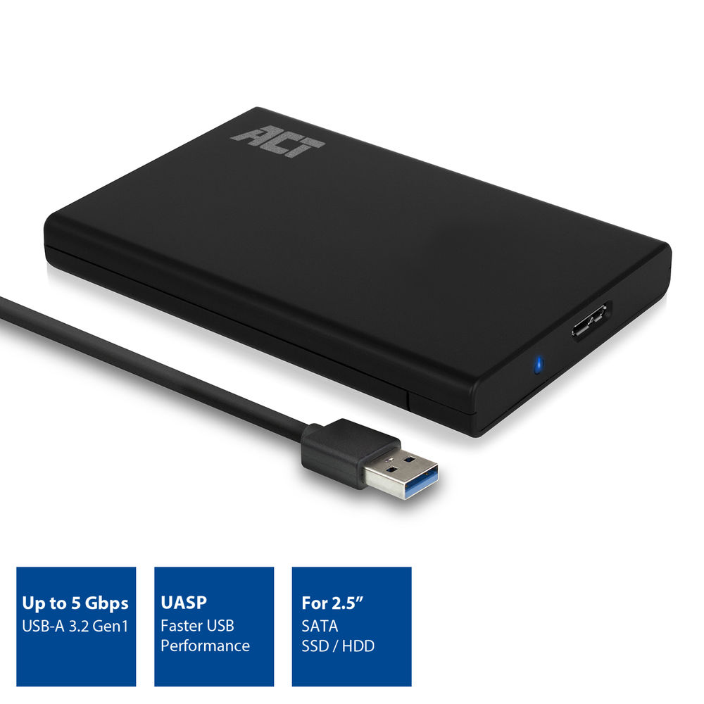 Case esterno nero per hard disk con cavo USB e caselle informative blu.
