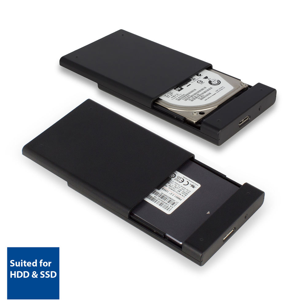 Due box esterni neri, uno con HDD, uno con SSD. Testo: Suited for HDD & SSD.