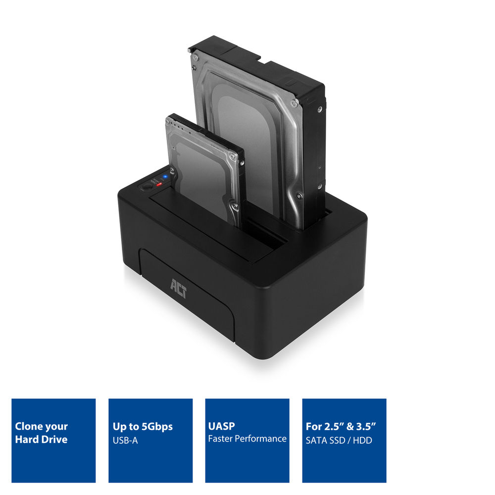 Stazione docking nera per HDD con due drive SATA, uno da 2,5 e uno da 3,5 pollici.