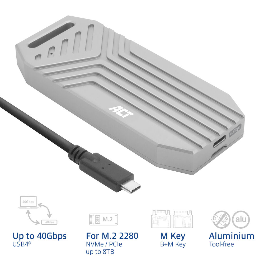 Custodia esterna argento per SSD con cavo USB-C e specifiche.