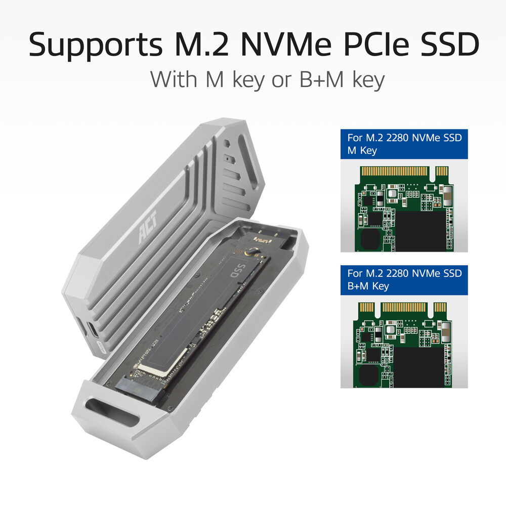Contenitore argento per M.2 NVMe SSD con SSD all'interno, e diagrammi di SSD M Key e B+M Key.