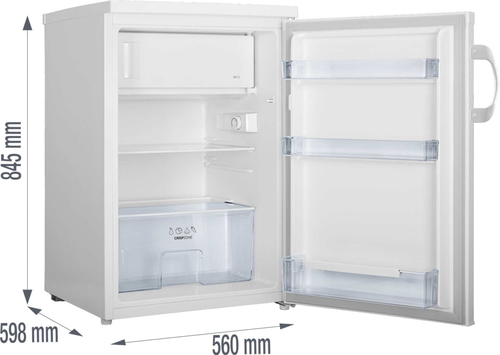 Ein weißer Kühlschrank mit offen stehender Tür. Innen sind Regale und eine Gemüseschublade.