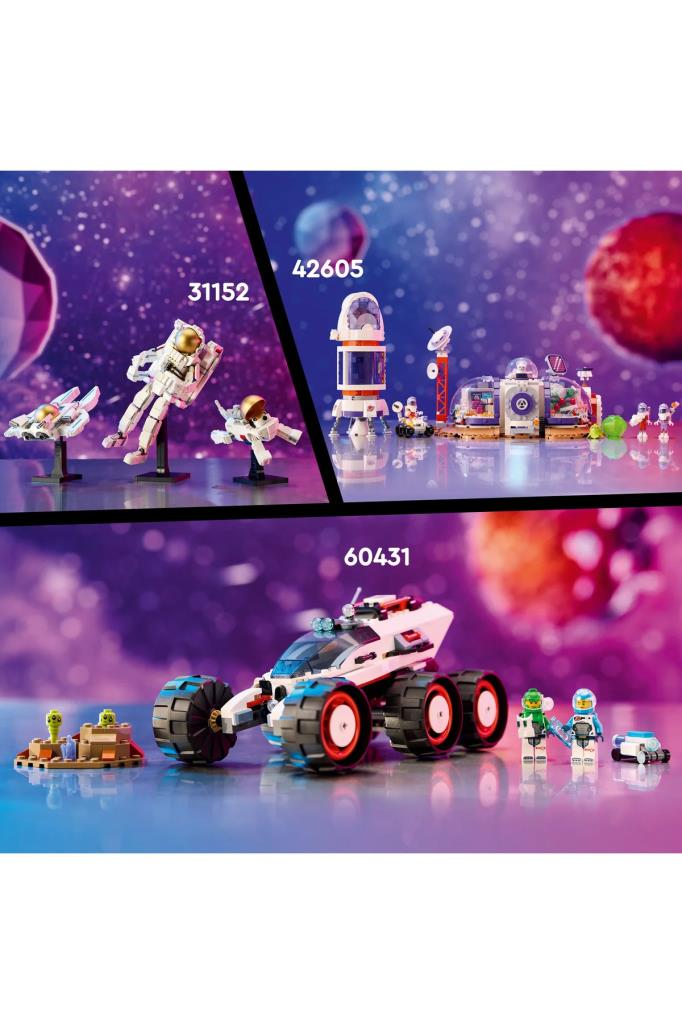 Uzay oyuncakları: astronotlar, roket, üs ve figürlü rover.