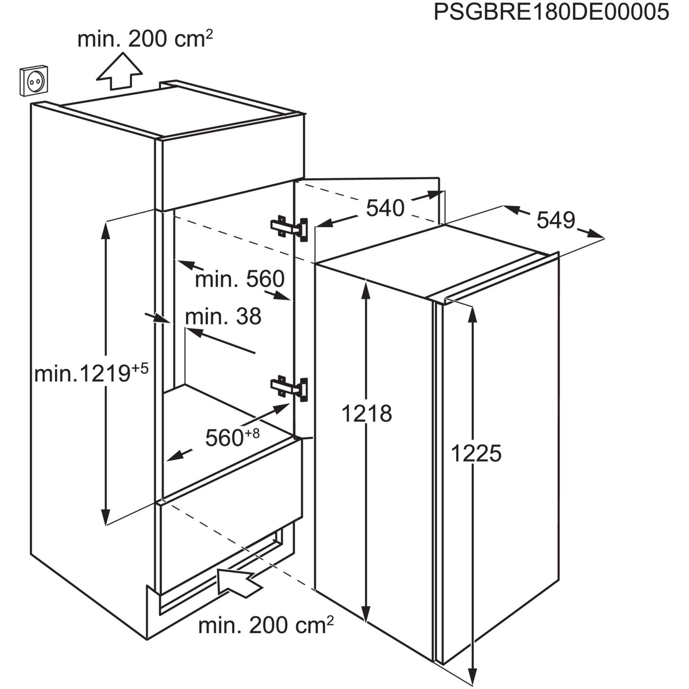 Disegno tecnico di un frigorifero da incasso con dimensioni.