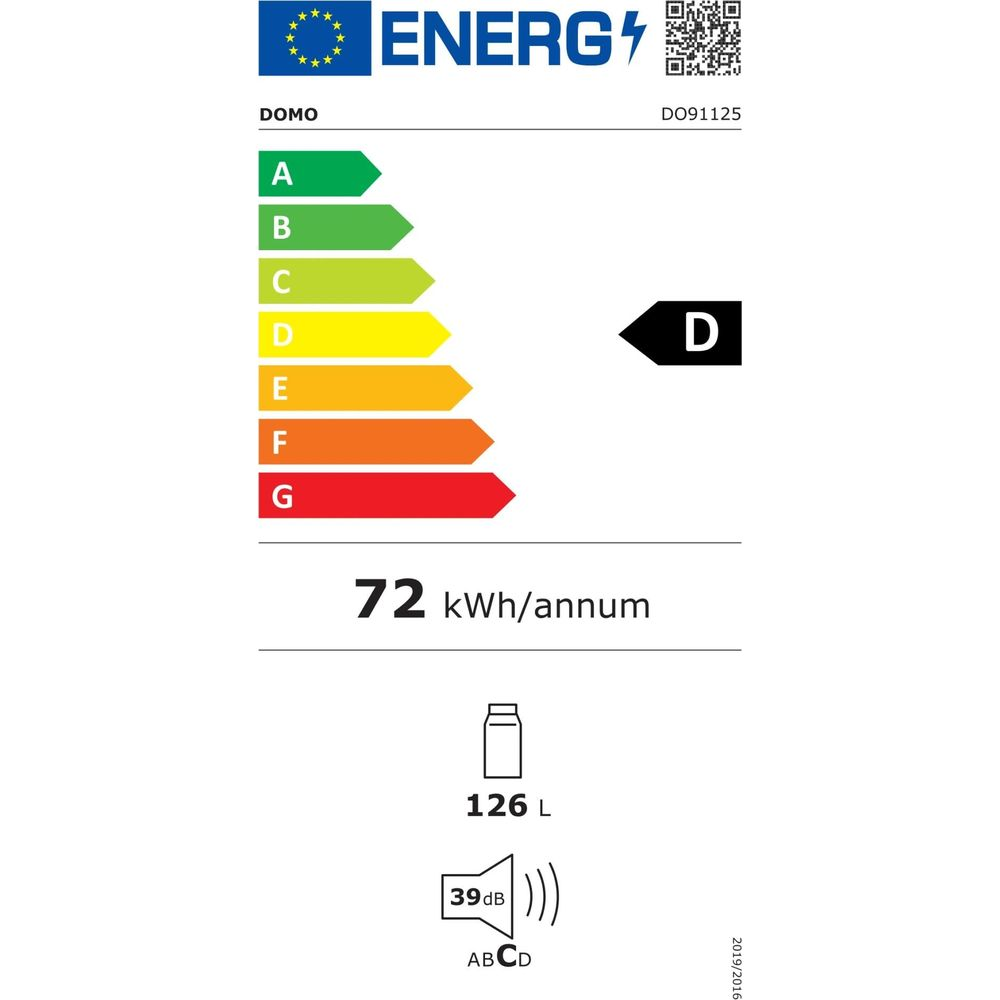 Etichetta energetica frigorifero DOMO, classe D, 72 kWh/anno, 126 L, 39 dB.