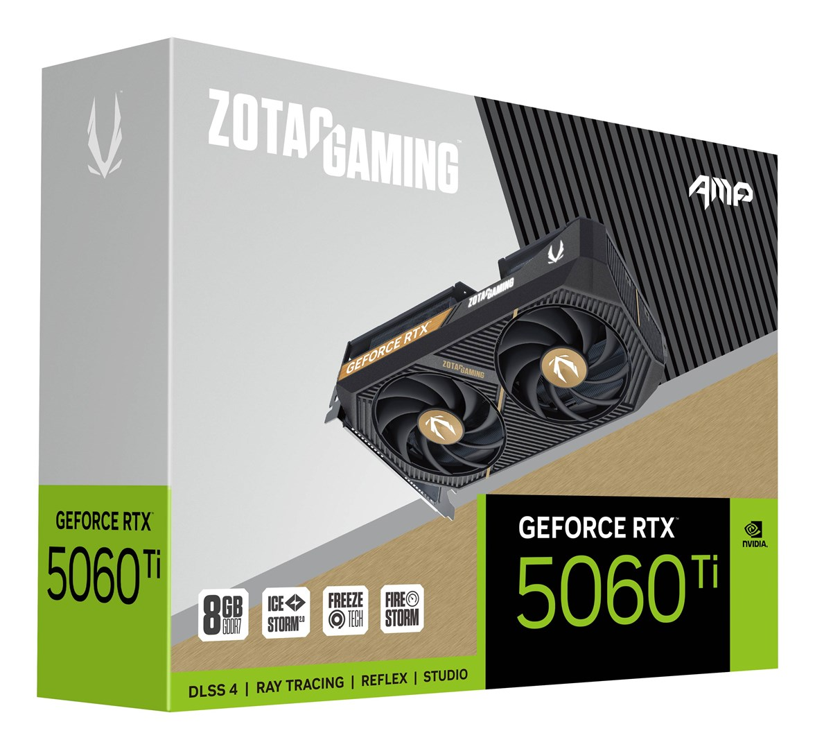 Scheda grafica Zotac Gaming RTX 5060 Ti su confezione del prodotto con loghi e specifiche.