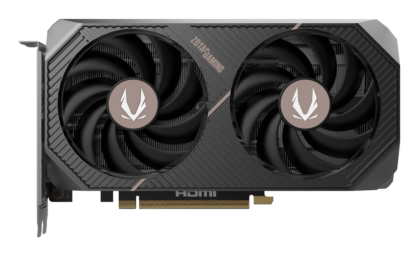 Una scheda grafica nera con due ventole e il logo Zotac.