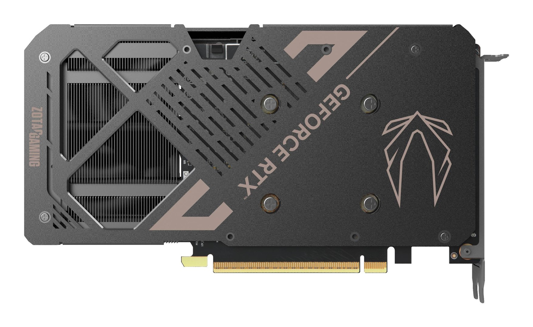 Scheda grafica nera con accenti argentati e marchio GeForce RTX.