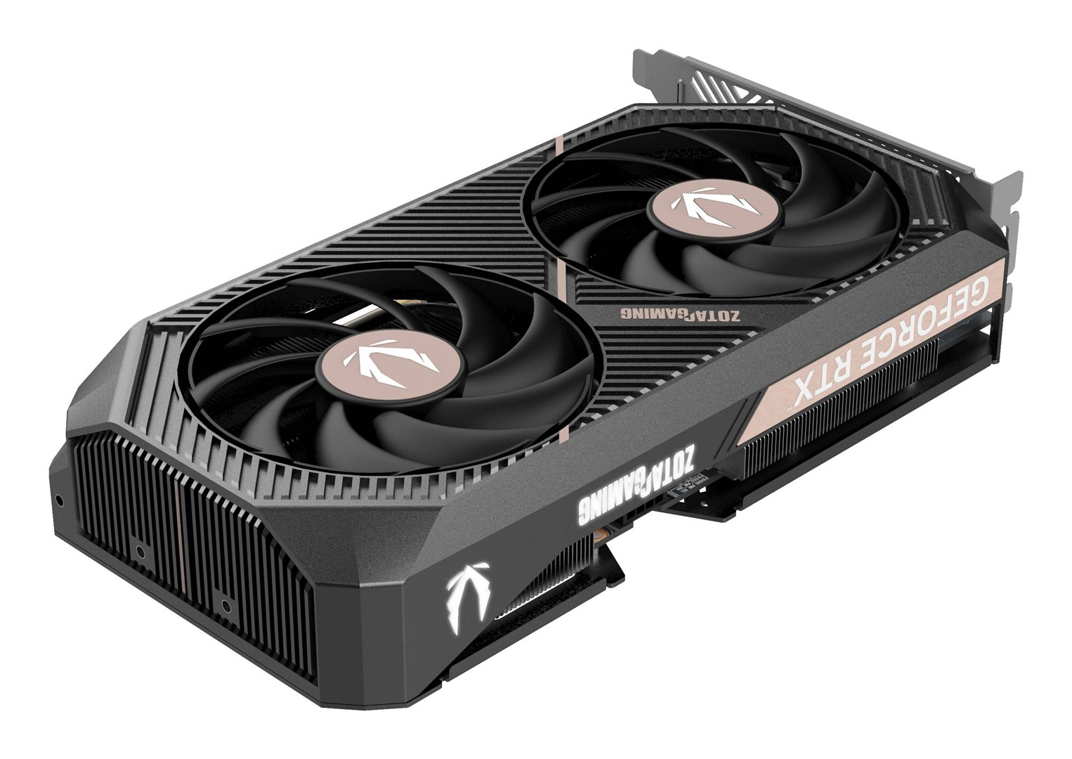 Una scheda grafica ZOTAC GAMING GeForce RTX nera con due ventole.