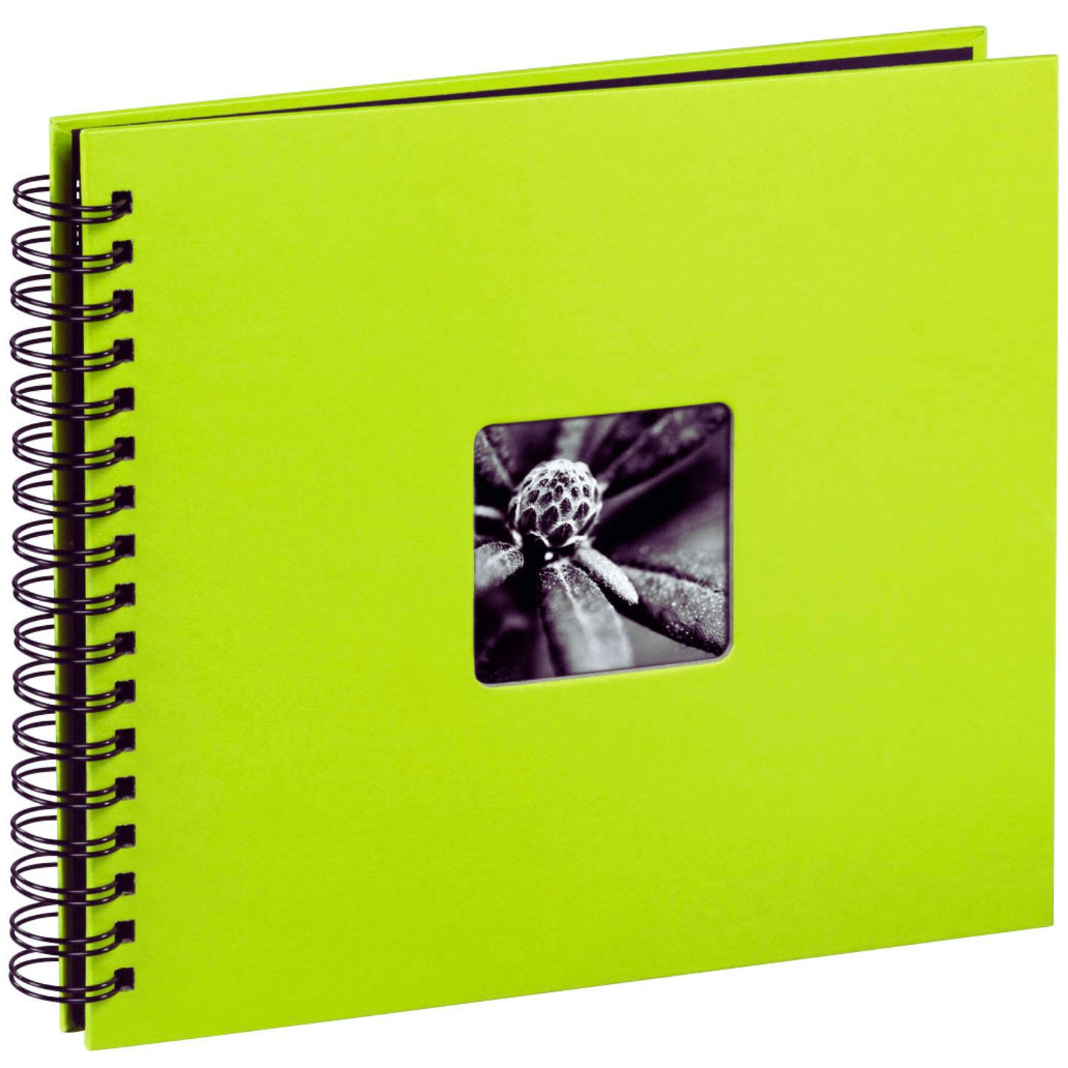 Álbum de fotos verde con espiral y ventana cuadrada para fotos en la portada.
