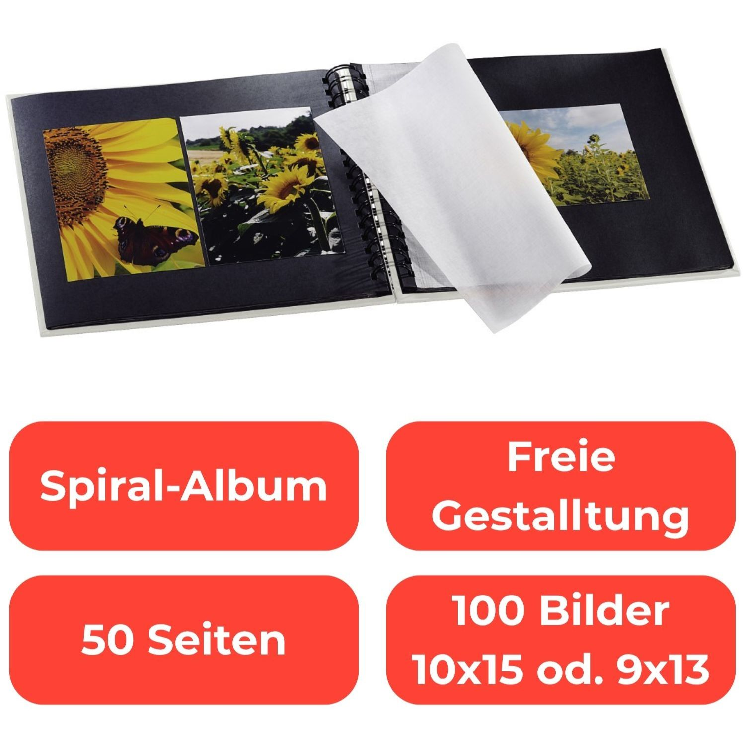 Álbum espiral con fotos de girasoles, mariposa y hoja protectora. 50 páginas.