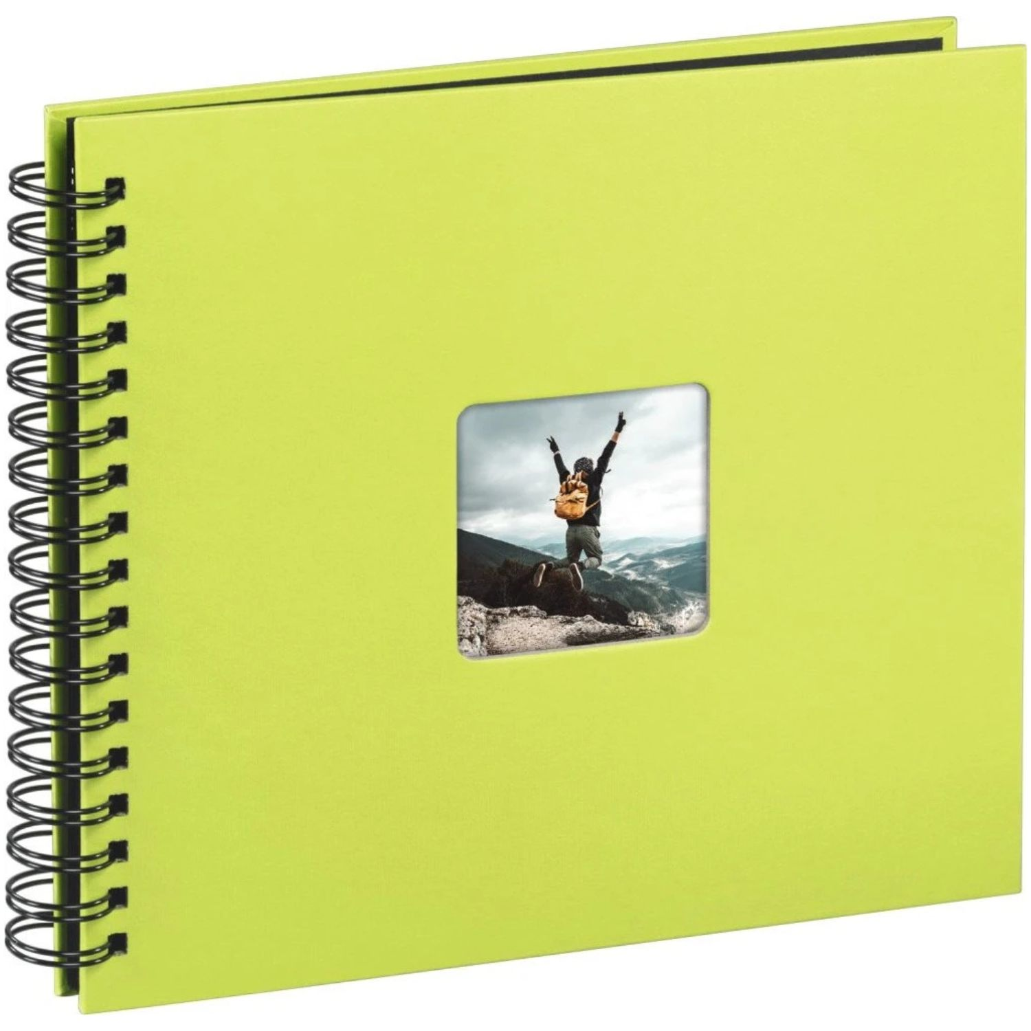 Álbum de fotos verde lima con espiral y ventana que muestra un excursionista en una montaña.
