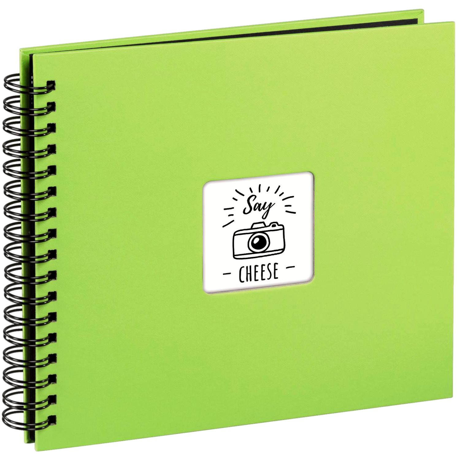 Un libro de tapa verde brillante con espiral, con el gráfico 'Say Cheese' y un icono de cámara.