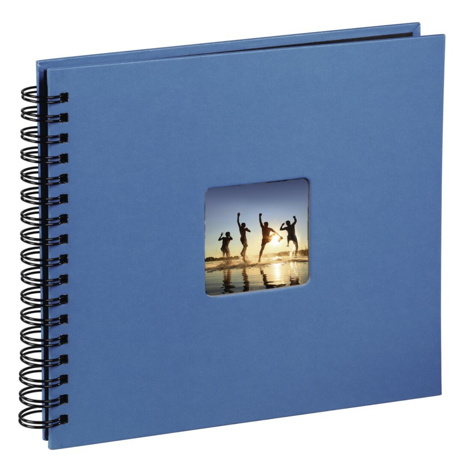 Un album blu con rilegatura a spirale mostra la silhouette di quattro persone che saltano in acqua.