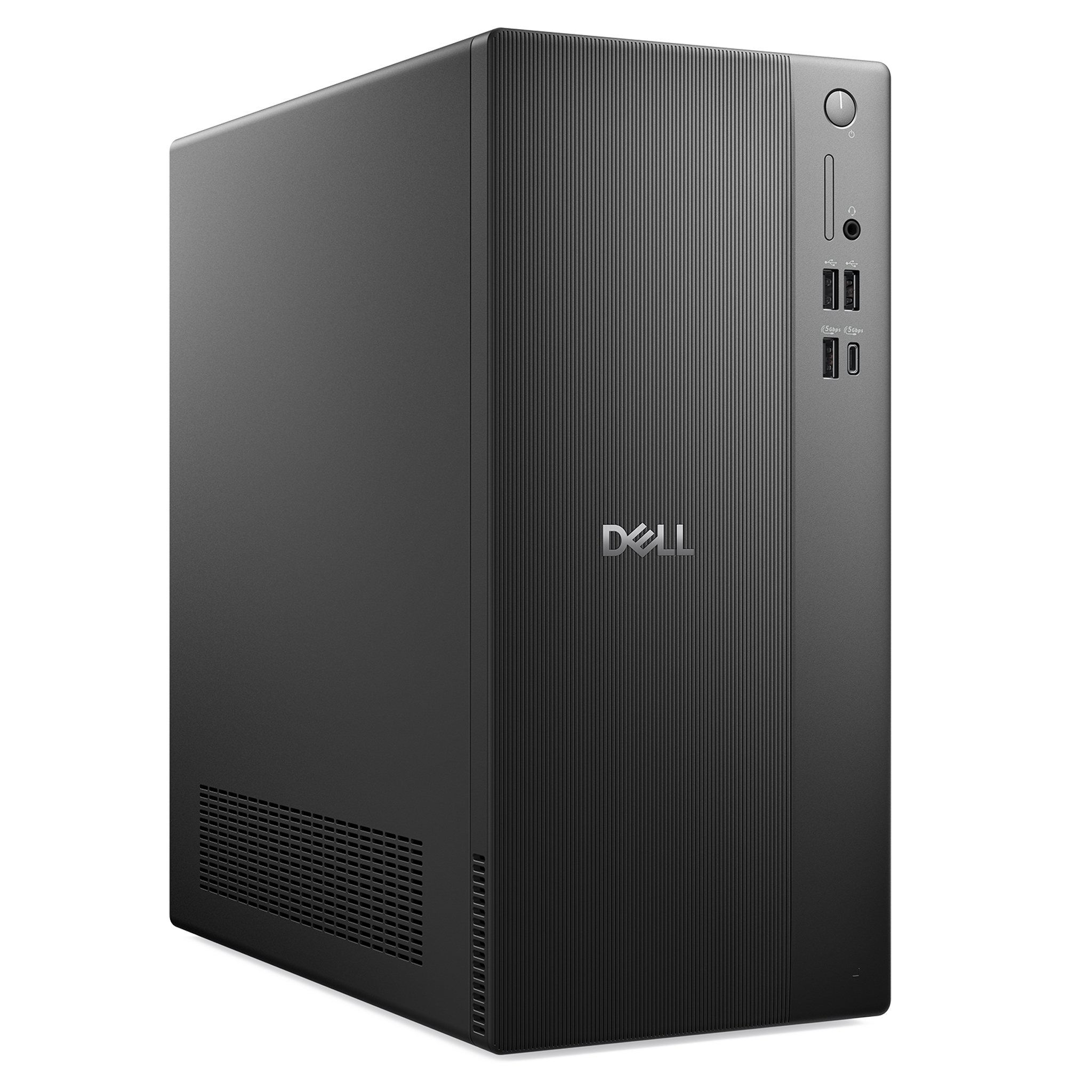 Dikey oluklu ve ön portlu siyah Dell PC kulesi.