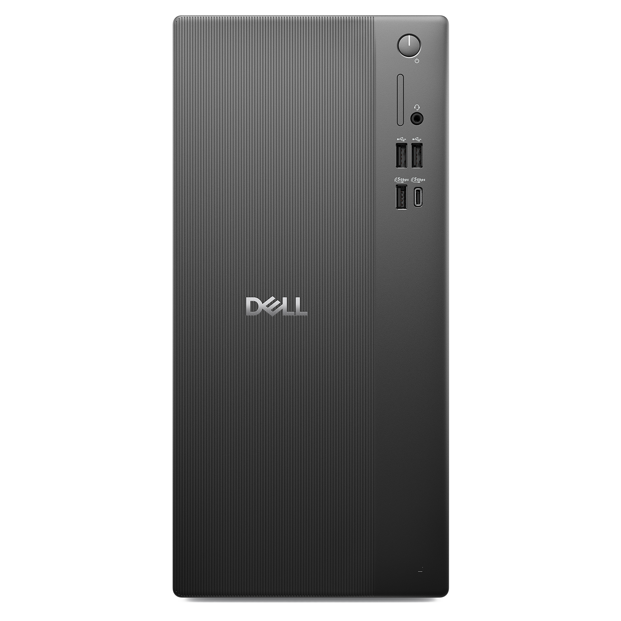 Yivli ön, USB bağlantı noktaları ve güç düğmesi olan gri Dell PC kulesi.