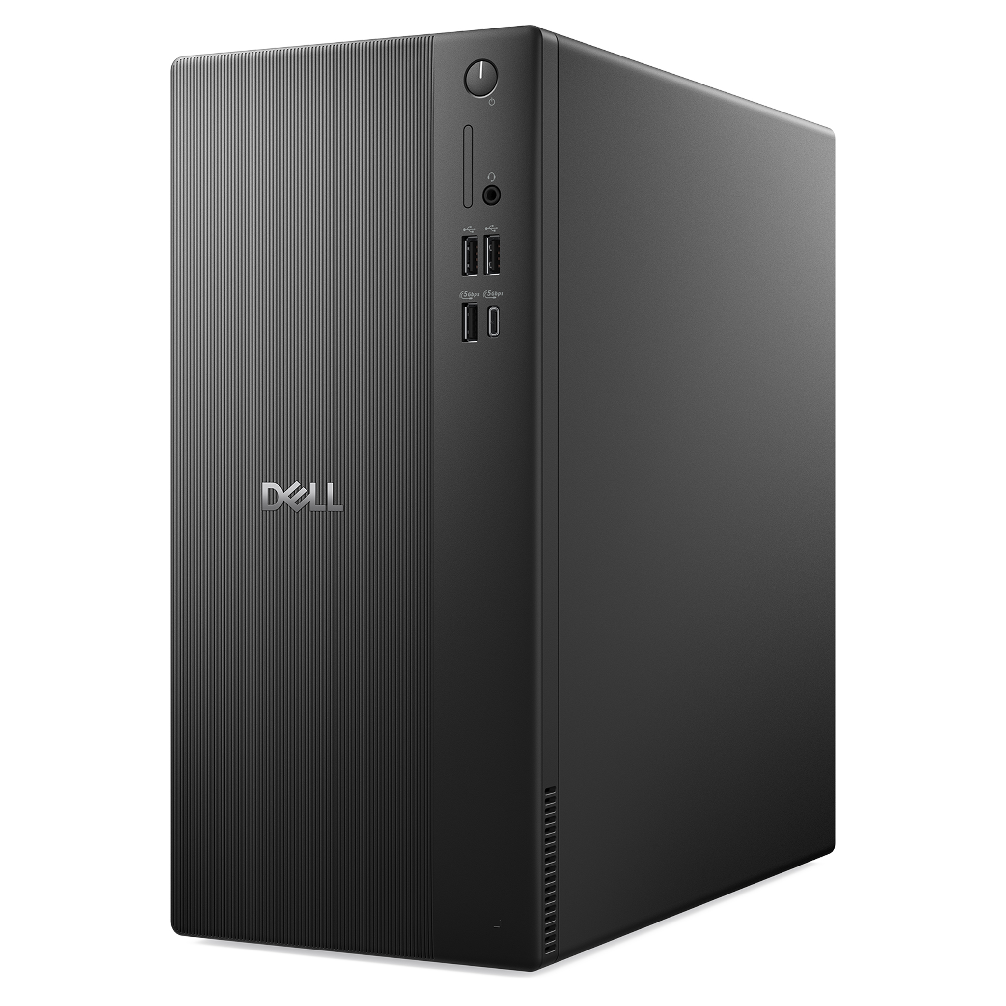 Dikey oluklu ve ön portlu siyah Dell PC kulesi.