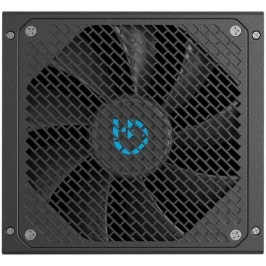 Ventilador de fuente de alimentación negro con logo azul y rejilla.