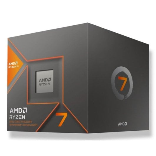 Schwarze Box mit AMD Ryzen 7 Prozessor-Logo und orangefarbenen Akzenten.