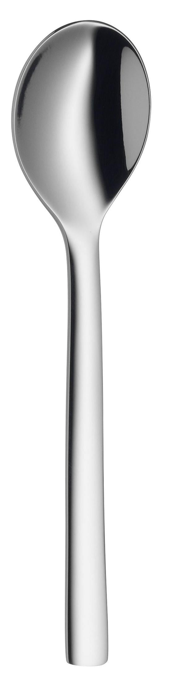 Oval başlı ve ince saplı parlak bir kaşık.