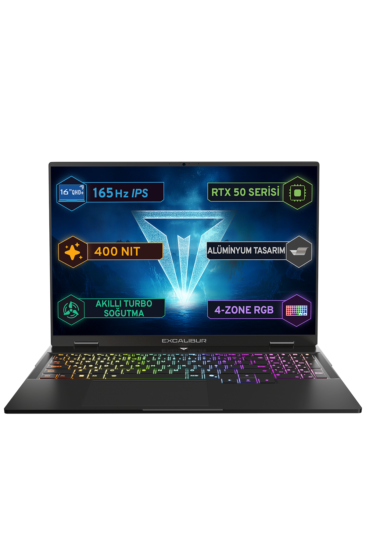 16" QHD+, 165 Hz IPS, RTX 50 özelliklerine sahip, aydınlatmalı klavyeli siyah bir dizüstü bilgisayar.