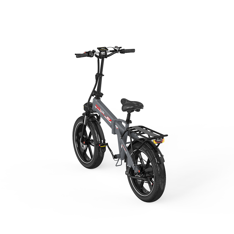Bicicleta eléctrica plegable gris con sillín y portaequipajes negros.