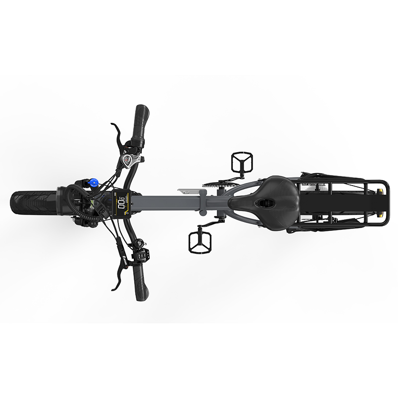 Vista superior de un cuadro de e-bike gris con manillar, sillín y pedales.