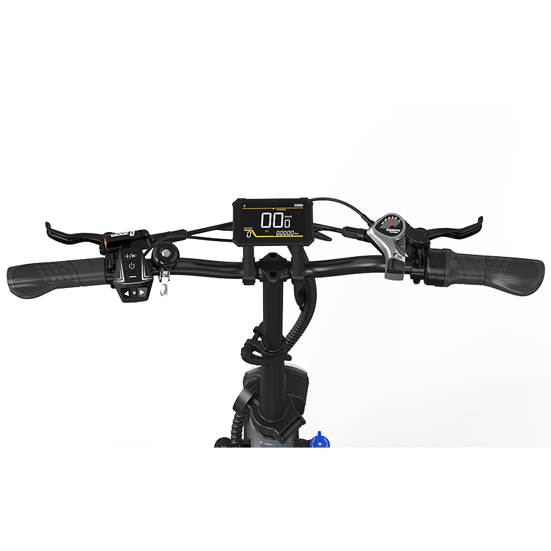 Manillar de e-bike con pantalla, manetas de freno y cambio.