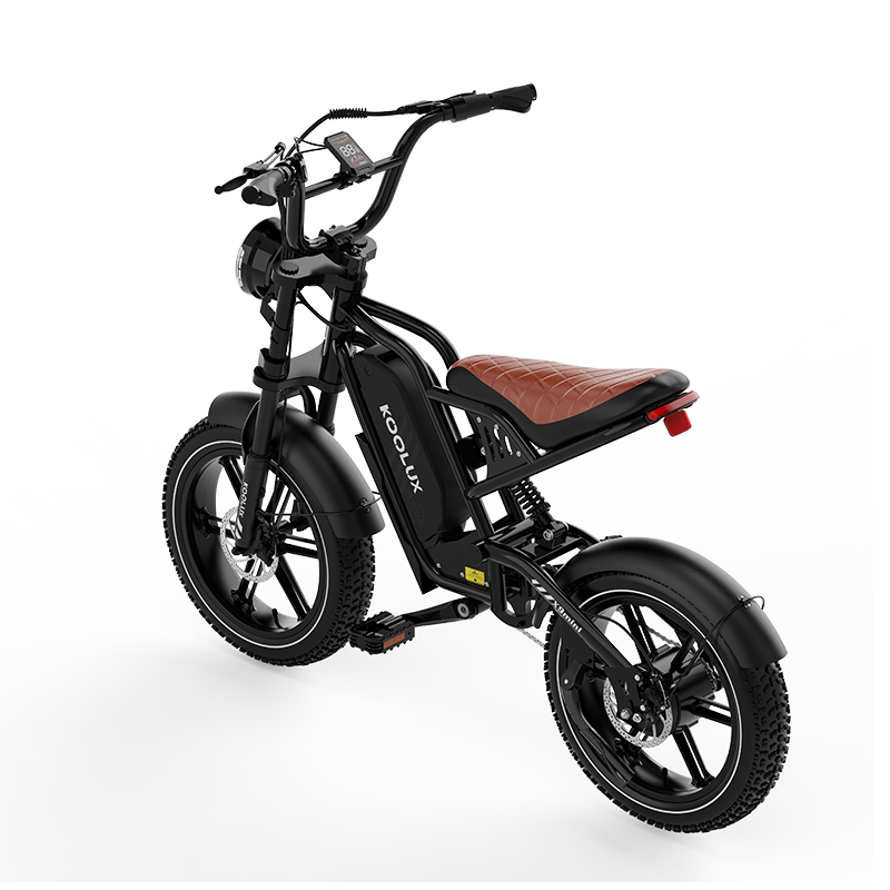 Una bicicleta eléctrica negra con asiento marrón, neumáticos anchos y pantalla digital.