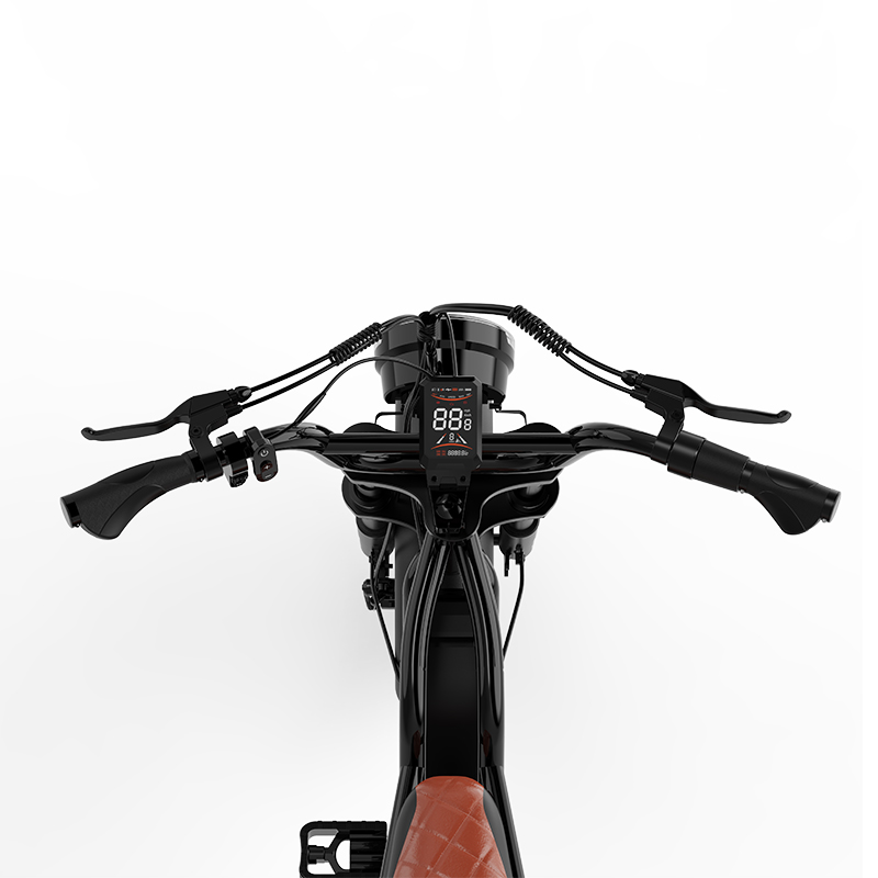 Primer plano del manillar de una bicicleta negra con sillín marrón y pantalla digital.