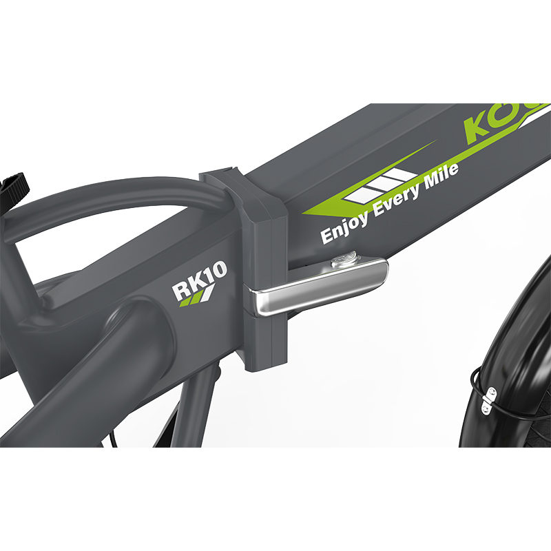 Primer plano del cuadro de una bicicleta eléctrica gris con texto verde 'Enjoy Every Mile'.