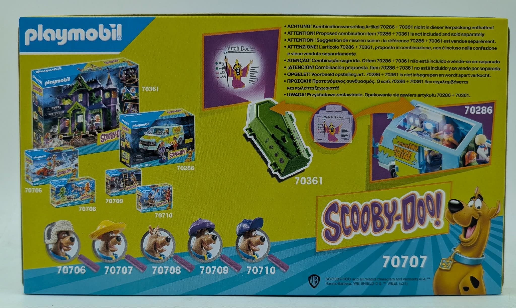 Opakowanie Playmobil Scooby-Doo z nawiedzonym domem, vanem, trumną i postaciami.