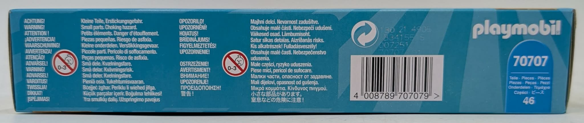 Opakowanie Playmobil z ostrzeżeniami i numerem produktu 70707.