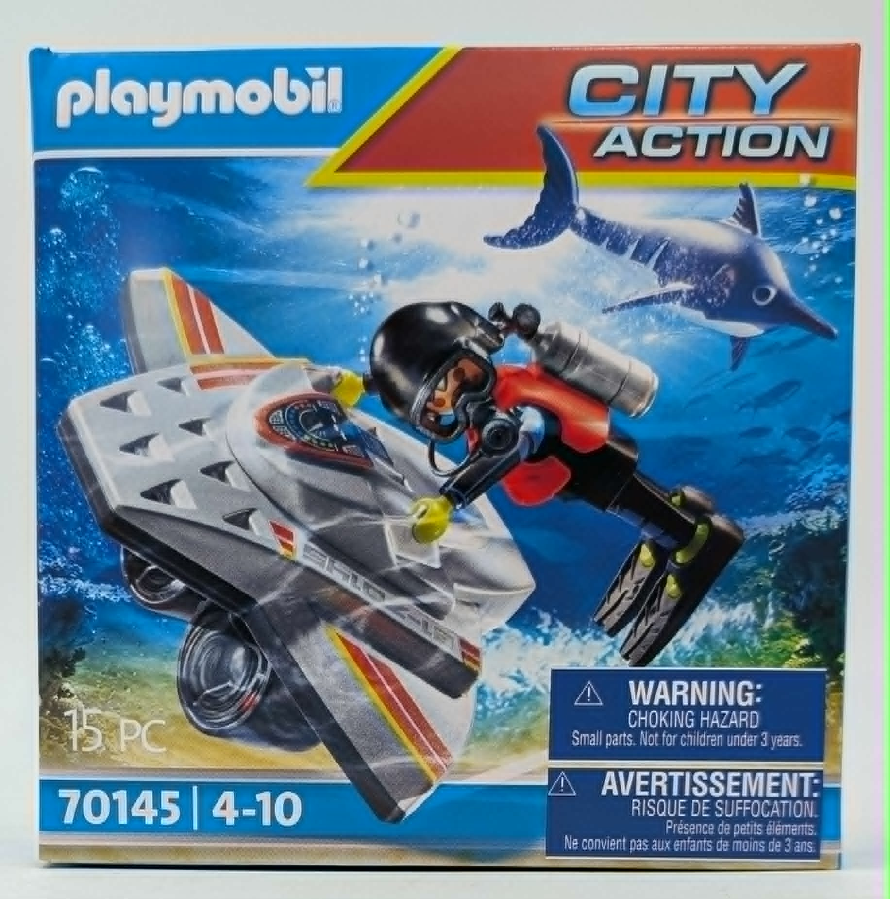 Subacqueo Playmobil City Action con mini-sommergibile e squalo.