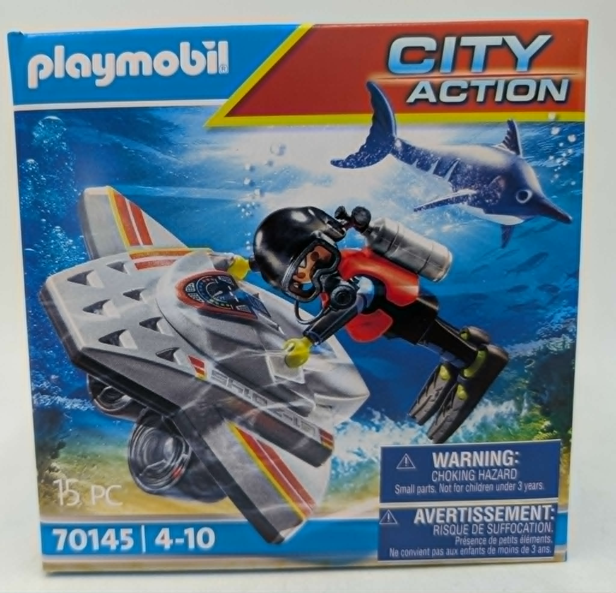 Scatola Playmobil con sub, sottomarino e squalo.