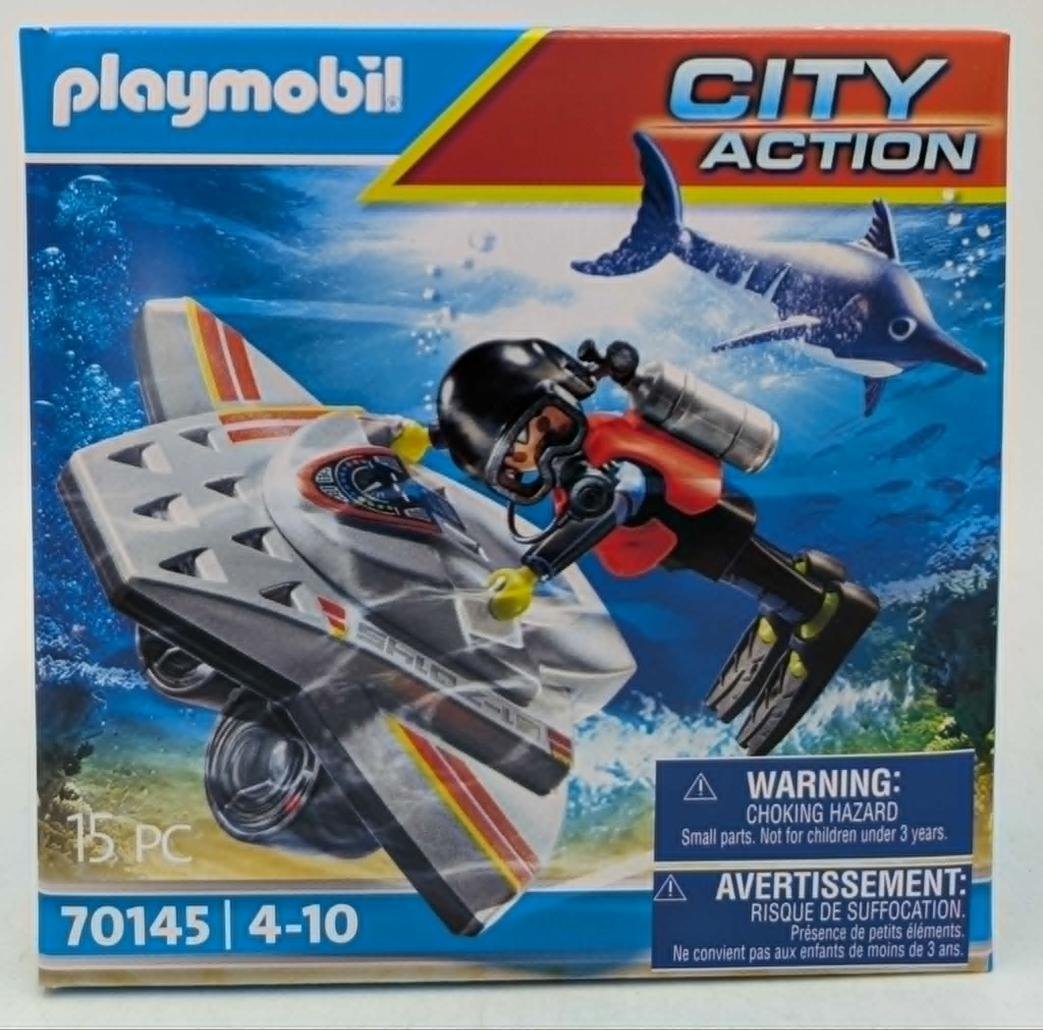 Scatola Playmobil: Subacqueo con sottomarino e squalo.