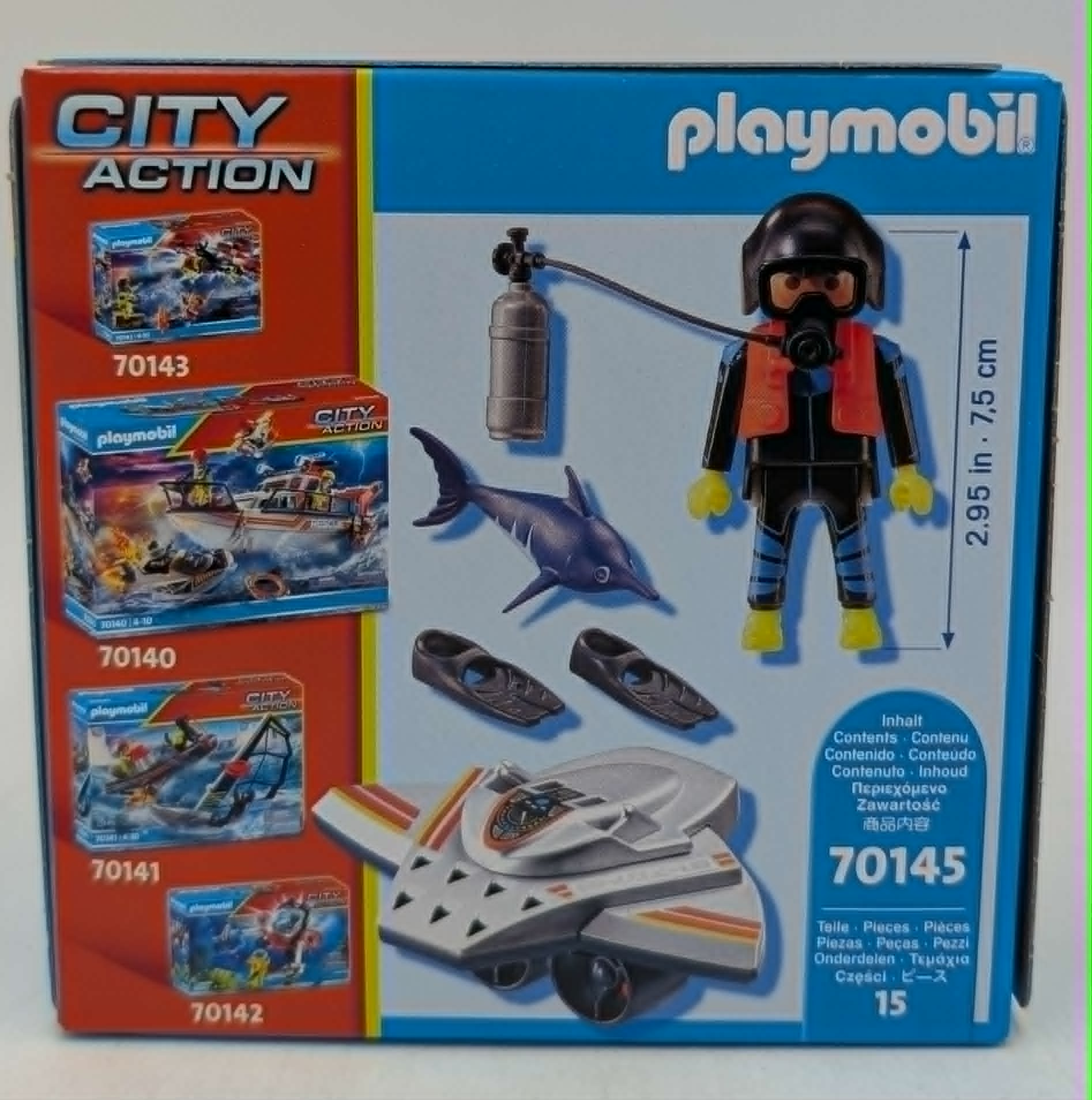 Set subacqueo Playmobil con squalo e veicolo sottomarino.
