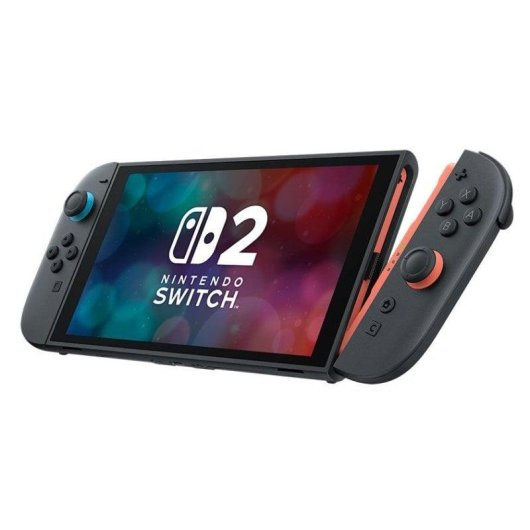 Consola Nintendo Switch con Joy-Cons coral desprendidos. Pantalla muestra logo '02'.